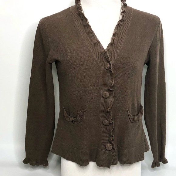 J. JILL VINTAGE WOMENS BROWN RUFFLED BUTTON UP SWEATER CARDIGAN #8 - Picture 1 of 8